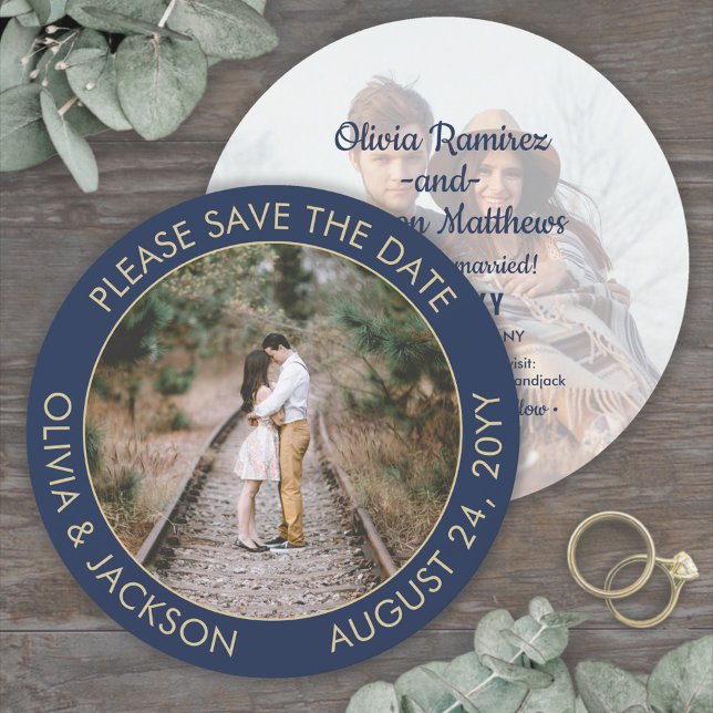 Einzigartiges Round Foto Modernes Blue & Gold Hoch Save The Date (Von Creator hochgeladen)