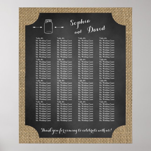 Einzigartiges Rustikales Mason Jar Hochzeitsdiagra Poster (Vorne)