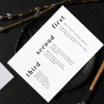 Einzigartiges Schwarz-weißes Hochsetzen Menükarte<br><div class="desc">Einzigartiges Minimal Schwarz-weißes Vertical Text Wedding Menu mit Ehenamen und Hochzeitstermin auf der Rückseite. Alle Textfelder und Farben sind im Entwurfswerkzeug anpassbar.</div>