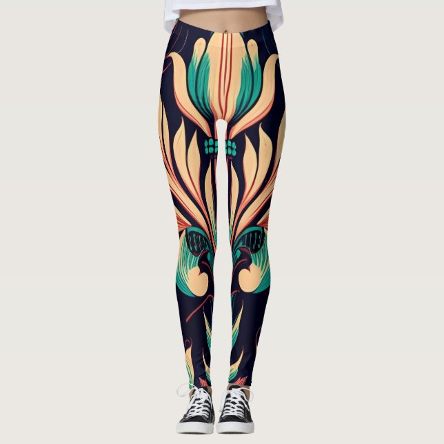 Einzigartiges Schwarzes Blume-Muster Leggings (Vorderseite)