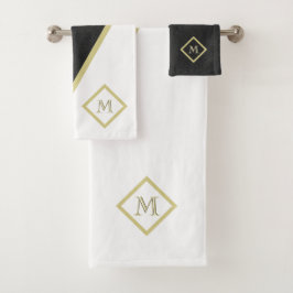 Einzigartiges schwarzes Leder-Look Weiß-Monogramm Badhandtuch Set
