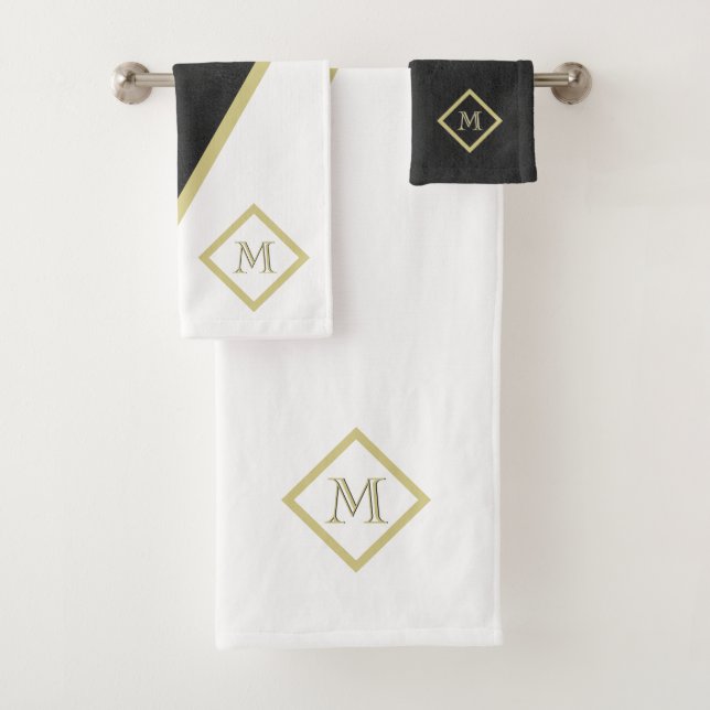 Einzigartiges schwarzes Leder-Look Weiß-Monogramm Badhandtuch Set (Insitu)