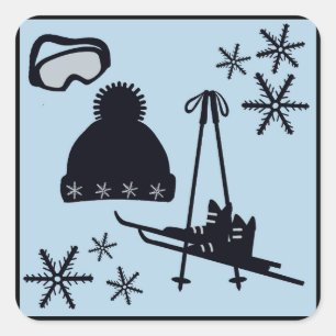 Einzigartiges Ski- & Winterdesign in schwarz auf b Quadratischer Aufkleber