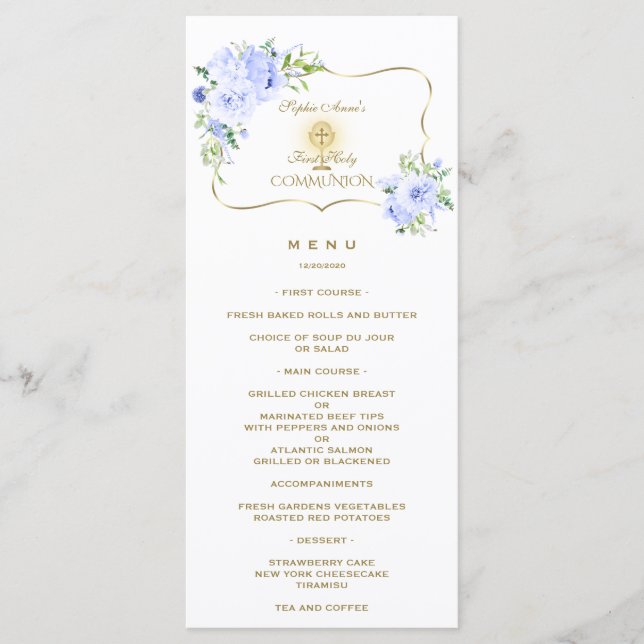 Einzigartiges Spring Blue Floral Gold-Kommunion-Me Menükarte (Vorderseite)