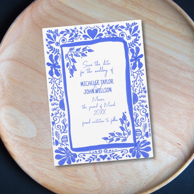 Einzigartiges Trendy Blue Doodle Hand Save the Dat Einladung (french blue hand drawn frame)