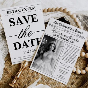 Einzigartiges Vintage-Zeitungsfoto Quinceanera Einladung