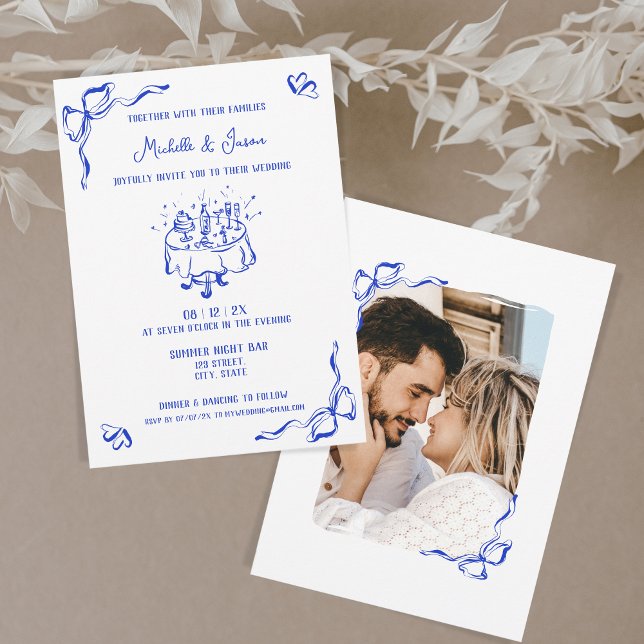 Einzigartiges Whimsical Blue Hand Drawing French B Einladung (hand drawn wedding invitation with photo. ink blue doodles of wedding table with cake and champagne)