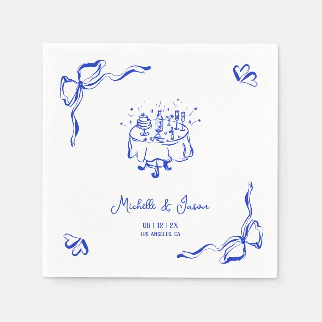 Einzigartiges Whimsical Blue Hand Drawing French B Serviette (Vorderseite)
