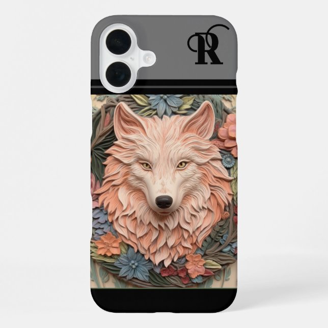 Einzigartiges Wolf- und Blumen-Monogramm iPhone 16 Plus Hülle (Rückseite)