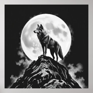Einziger Howl: Wolf und Vollmond Holzkohle Kunst Poster