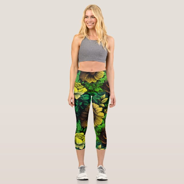 Einzigfarbige Vintage Blumendrucke Capri Leggings (Vorderseite)