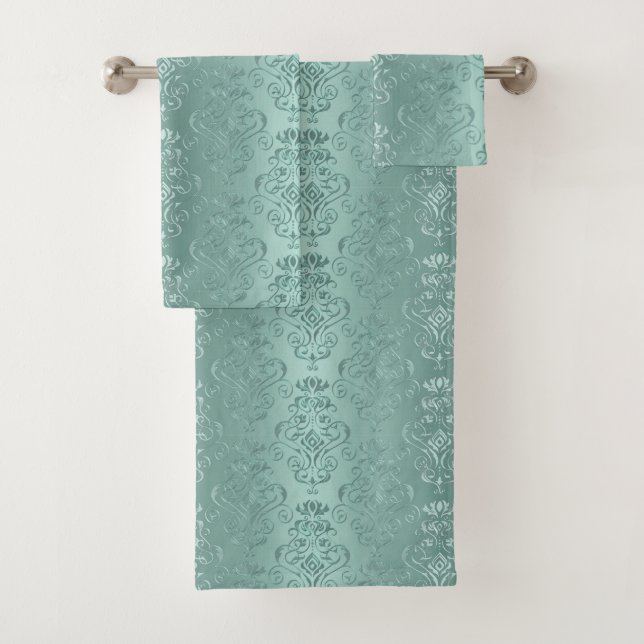 Eis-Aqua-Vintager Damast-Druck Badhandtuch Set (Insitu)