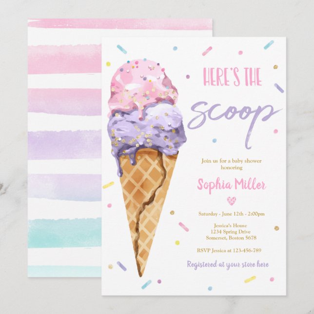 Eis Cream Baby Shower Hier ist die Scoop Baby Dusc Einladung (Vorne/Hinten)