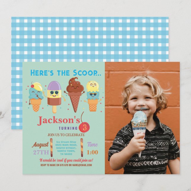 Eis Cream Scoop Shop Boys Cool Lolly Einladung (Vorne/Hinten)