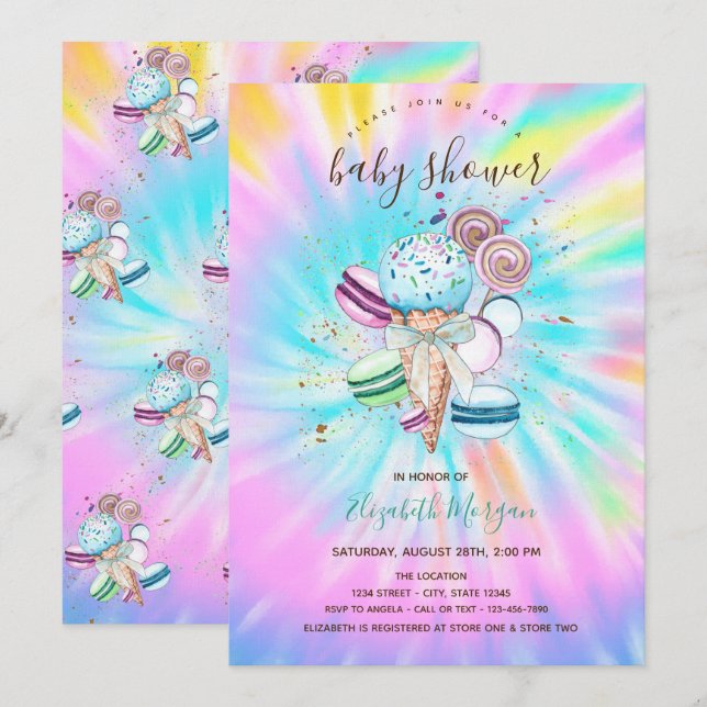 Eis Creams Macaroons Summer Gefärbte Krawatte Baby Einladung (Vorne/Hinten)