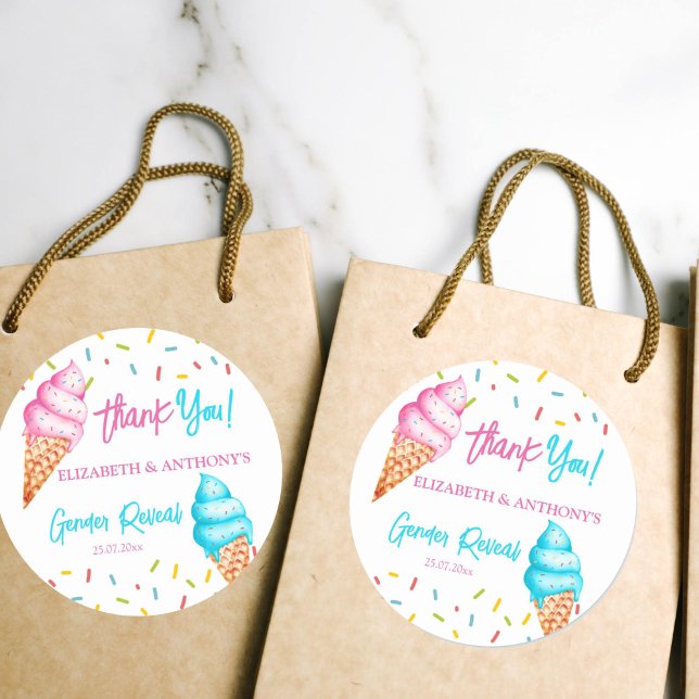Eis Creme Gender offenbaren danke Runder Aufkleber (Ice cream gender reveal favor gift stickers pink and blue ice cream thank you stickers)