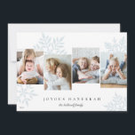 Eis | Schneefallen 4 Foto Collage Hanukkah Feiertagskarte<br><div class="desc">Das einzigartige moderne Hanukkah-Kartendesign besticht durch vier beliebte Fotos,  die nebeneinander mit übergroßen blassblauen Schneeflocken-Silhouetten im Hintergrund angeordnet sind. Personalisieren Sie Ihren individuellen Urlaubsgruß und Familiennamen unten in klassischer Schrift; gezeigt mit "Joyous Hanukkah".</div>