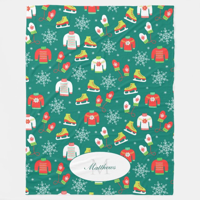 Eis-Skate und Schneeflocken-Aquamarines Monogramm- Fleecedecke (Vorderseite)