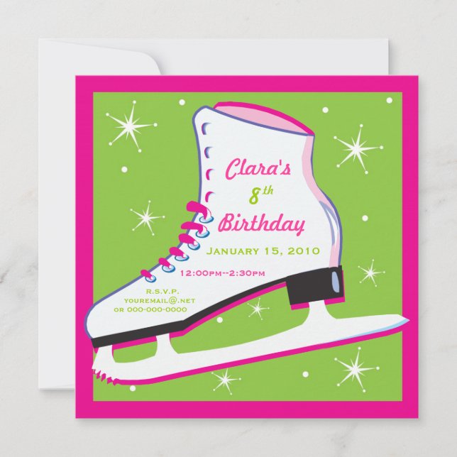 Eis Skaten Birthday Einladung Pink & Green (Vorderseite)