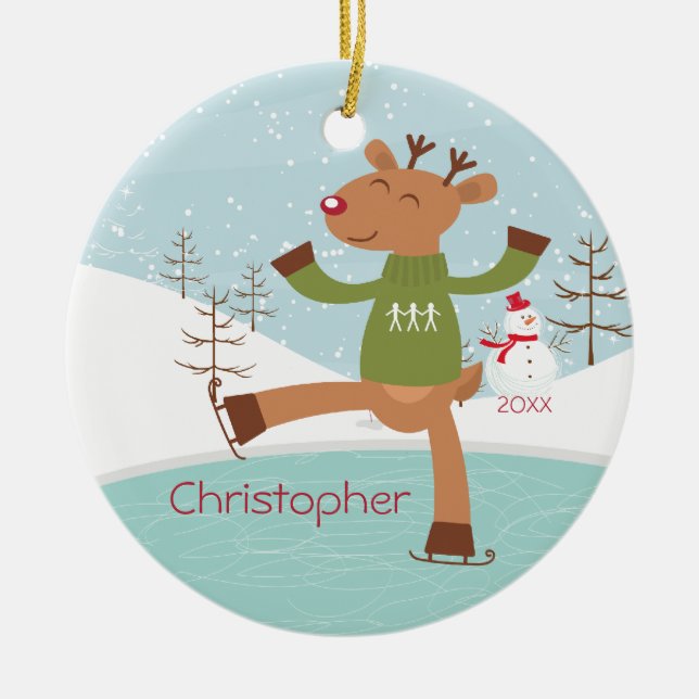 Eis-Skaten-Ren-datierte Weihnachtsverzierung Keramik Ornament (Vorne)