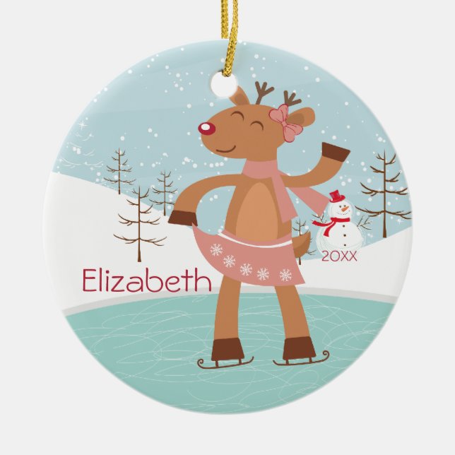 Eis-Skaten-Ren-datierte Weihnachtsverzierung Keramikornament (Vorne)