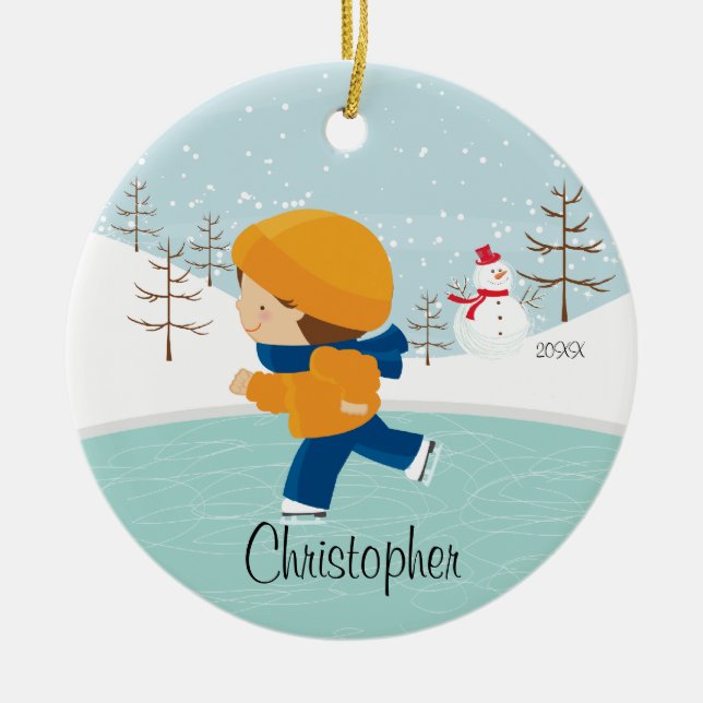 Eis-Skaten-Skater-Jungen-datierte Keramikornament (Vorne)