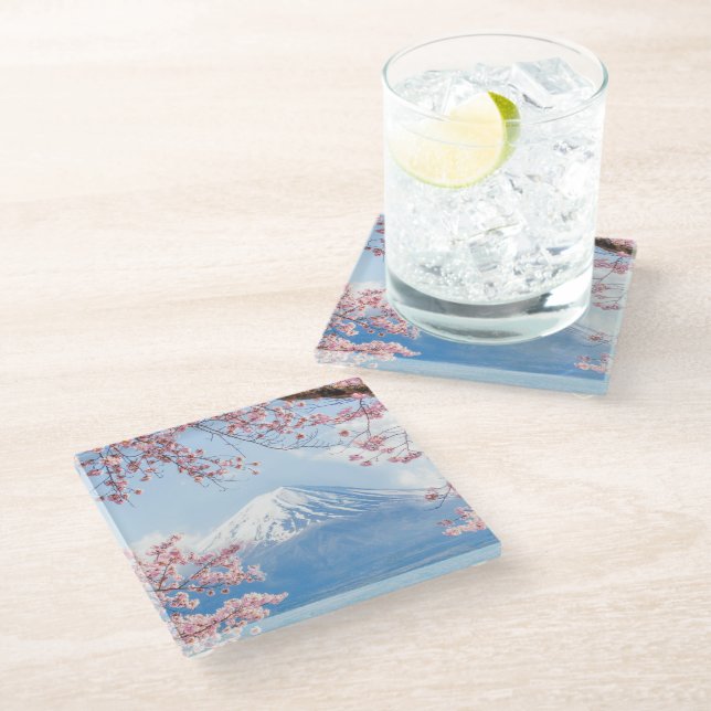 Eis und Schnee | Kirschblüten Berg Fuji Japan Glasuntersetzer (Schrägansicht)