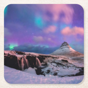 Eis und Schnee   Nordlichter, Kirkjufell Rechteckiger Pappuntersetzer