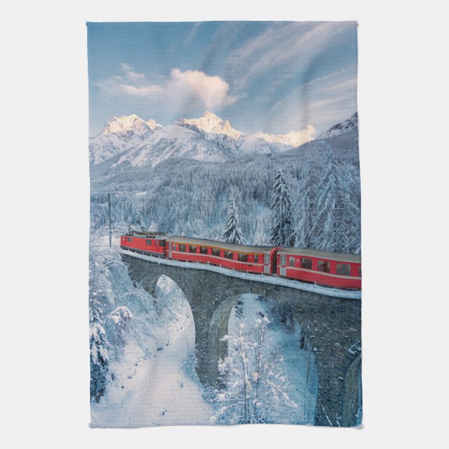 Eis und Schnee | Red Bernina Express Zug Schweiz Geschirrtuch (Vertikal)