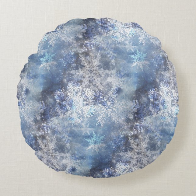 Eis und Schnee Textured Blue Weihnachtsmuster Rundes Kissen (Vorderseite)