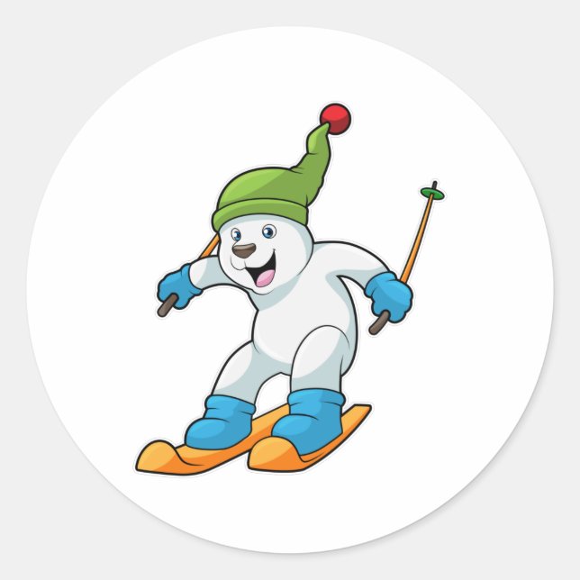 Eisbär als Skifahrer mit Ski- und Bobhut Runder Aufkleber (Vorderseite)