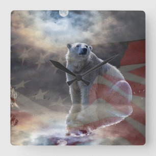 Eisbär Amerikanische Flagge Quadratische Wanduhr