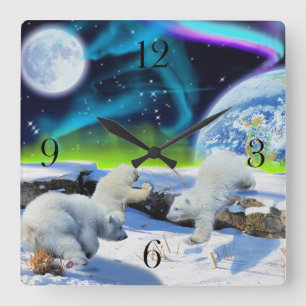 Eisbär CUB u. Aurora-Tag der Erde-Uhr Quadratische Wanduhr