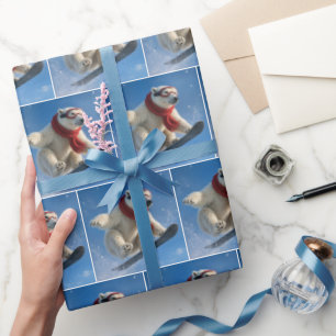 Eisbär in der Luft auf einem Snowboard Geschenkpapier