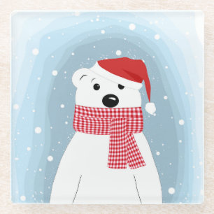 Eisbär in der Weihnachtsmannmütze, personalisiert Glasuntersetzer