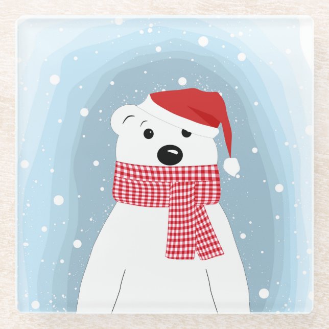 Eisbär in der Weihnachtsmannmütze, personalisiert Glasuntersetzer (Vorderseite)