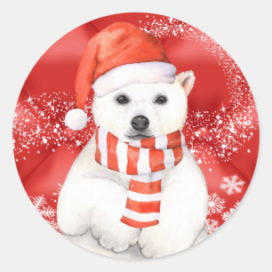 Eisbär in einer santa cap - Schneeflocken w weiß Runder Aufkleber