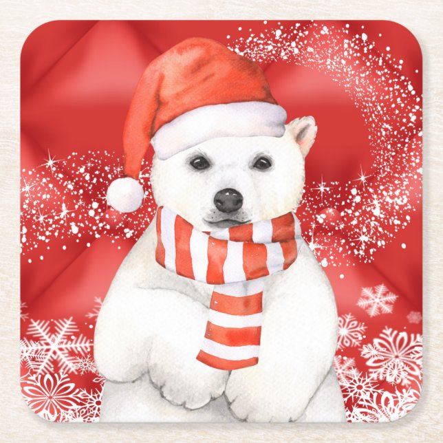 Eisbär in einer santa-Kappe - Schneeflocken mit We Rechteckiger Pappuntersetzer (Vorderseite)