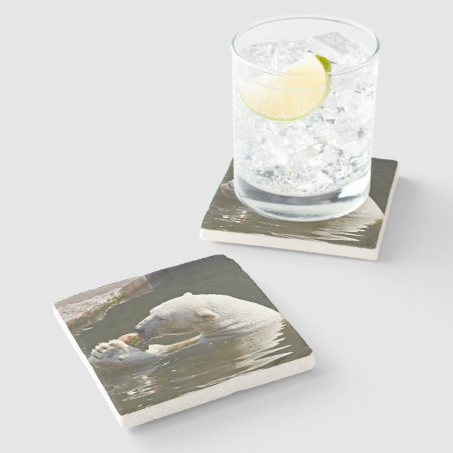 Eisbär isst Obst im Wasser Steinuntersetzer (Seitenansicht)