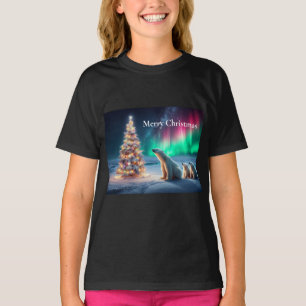 Eisbär-Mama Junge Weihnachtsbaum Nordlichter T-Shirt