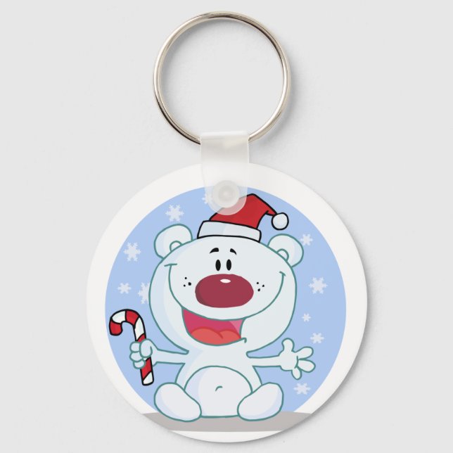 Eisbär mit Candy Cane Holiday Tshirts Schlüsselanhänger (Vorderseite)