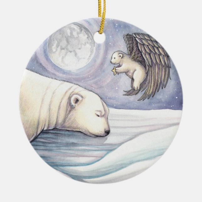 Eisbär mit Engel Weihnachtsdekoration Keramikornament (Vorne)