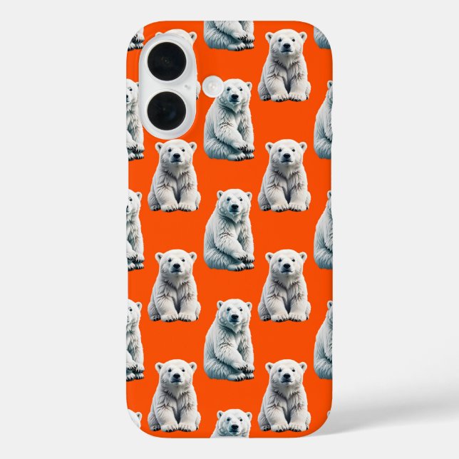 Eisbär-Musterdesign auf Orange iPhone 16 Hülle (Rückseite)