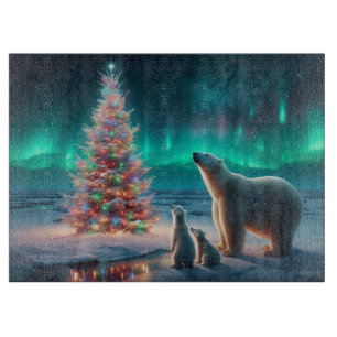 Eisbär-Mutter-Junge-Weihnachtsbaum-Aurora-Borealis Schneidebrett