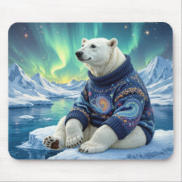 Eisbär sitzt unter Nordlichtern Mousepad