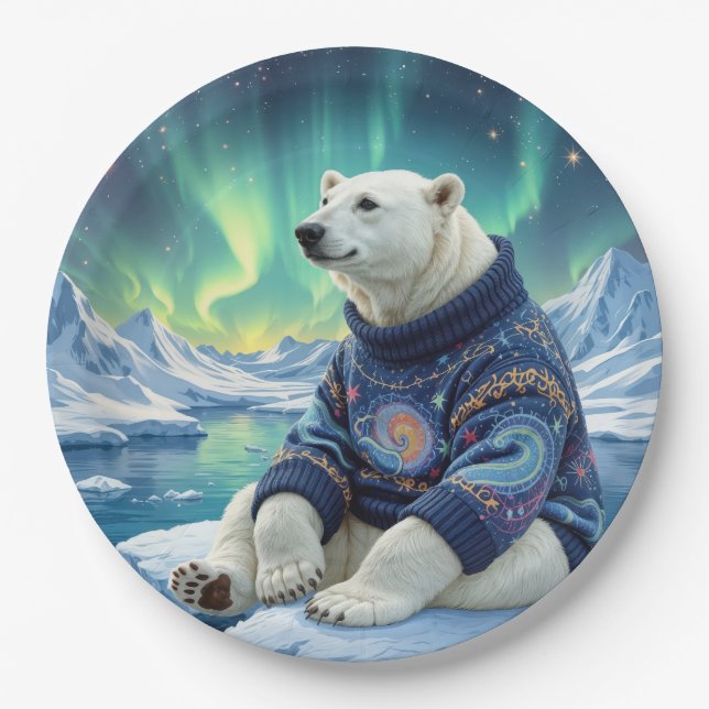 Eisbär sitzt unter Nordlichtern Pappteller (Vorderseite)