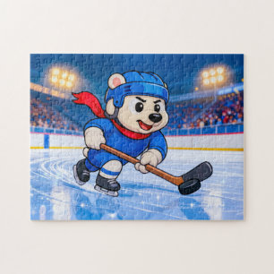 Eisbär spielt Eishockey auf einer gefrorenen Eisfl