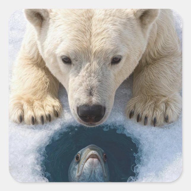 Eisbär starrt auf einen Fisch Quadratischer Aufkleber (Vorderseite)