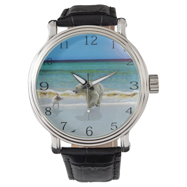 Eisbär und Jack Russel am Strand, Armbanduhr (Vorderseite)