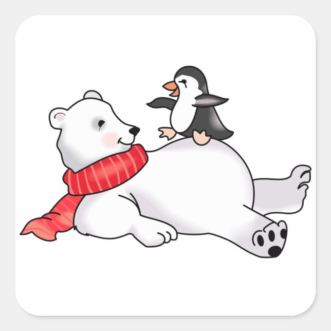 Eisbär und Pinguin Quadratischer Aufkleber (Vorderseite)